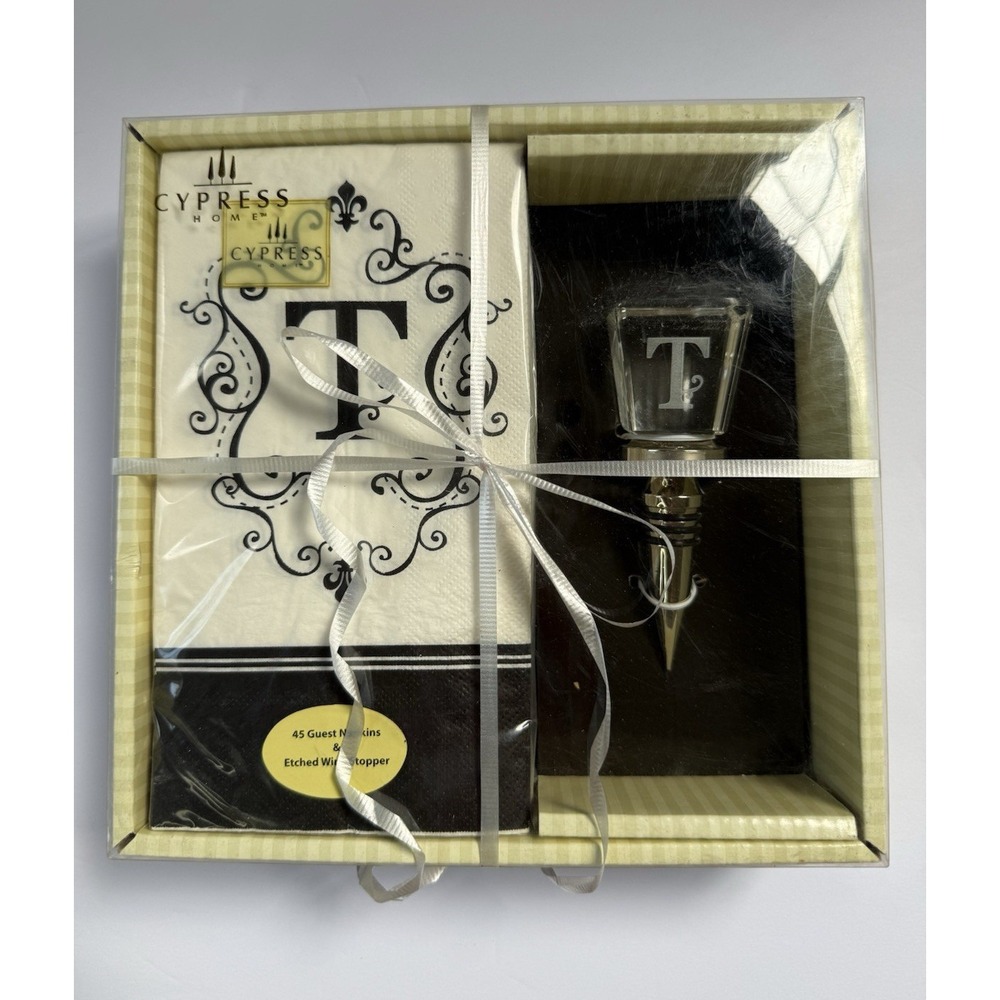 Cypress Home Monogram T Etched Wine Stopper & 45 Guest Napkins Gift Box ZBP18171